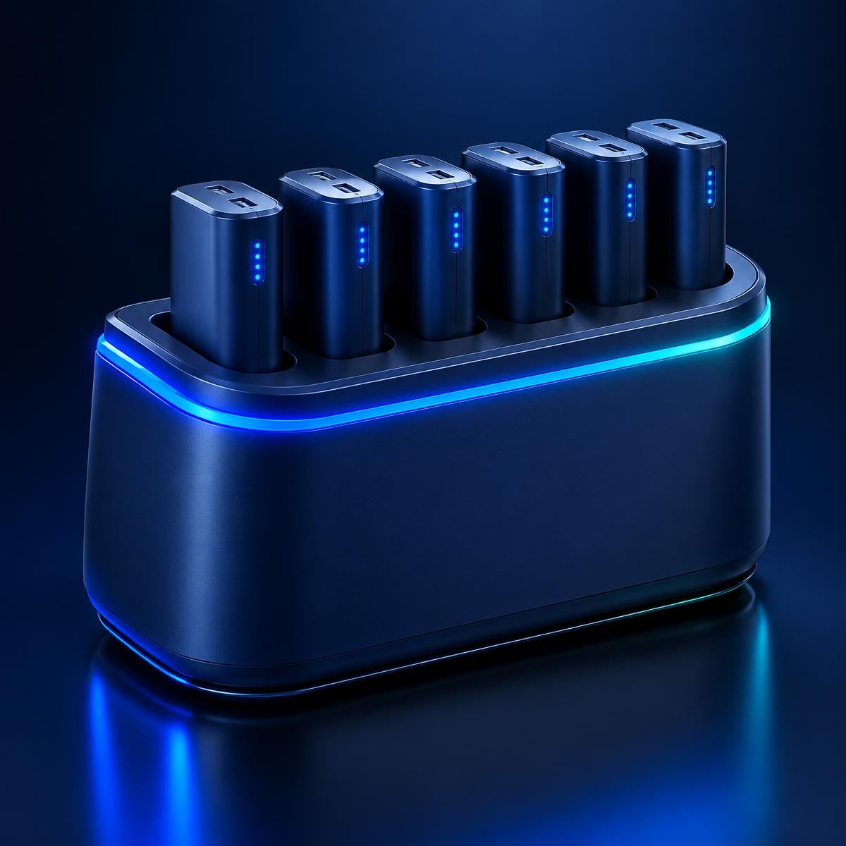 A ChargeDrop countertop charging station with six portable power banks